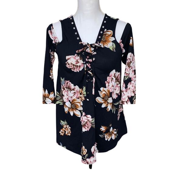 Cold Shoulder Floral Blouse Lace Up Front Peasant Boho M Tunic 3/4 Sleeve By&By - Picture 1 of 10